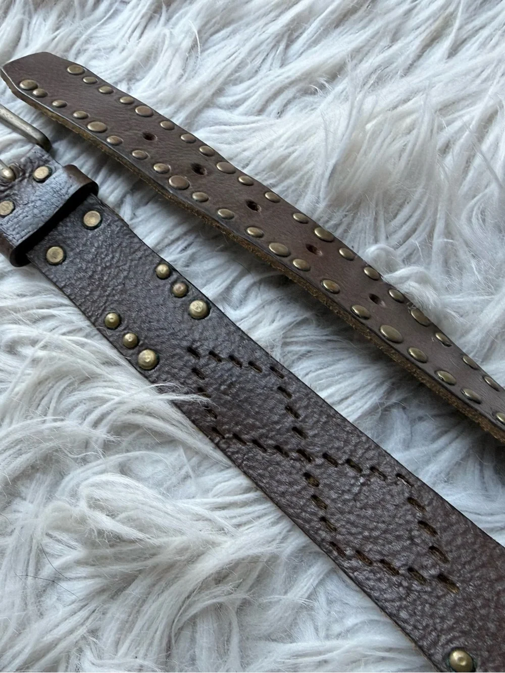 Vintage Linea Pelle Studded Leather Belt Brown Brass Rivets Distressed Boho